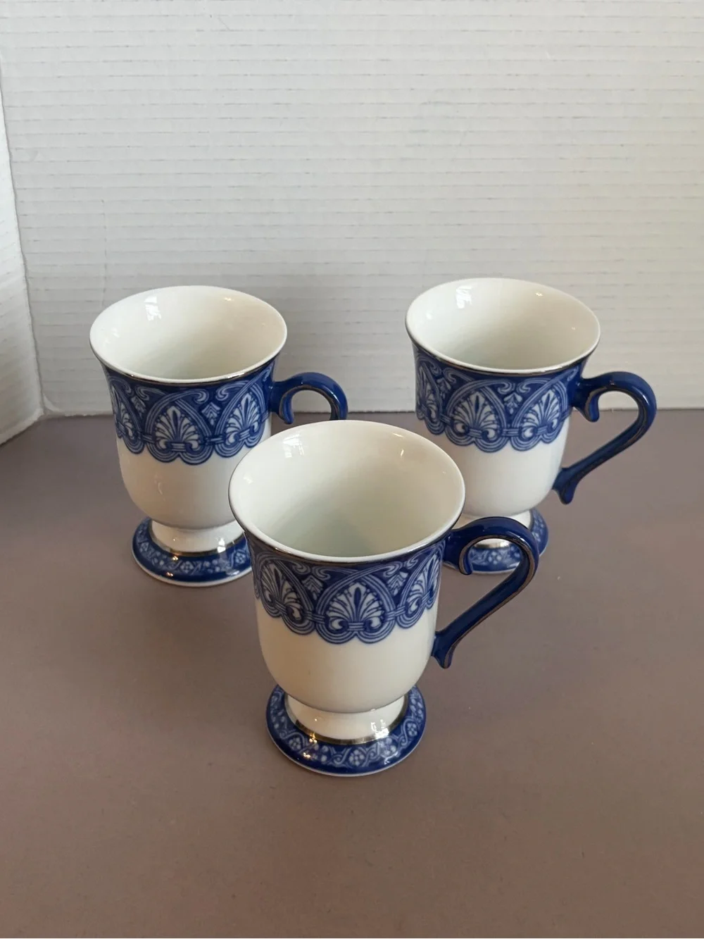 Bombay Porcelain Pedestal Mugs — Classic Decorative Band (Set of 3)
